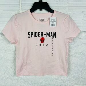NWT Marvel embroidered Spider-Man 1962 cotton styPink half cropped T-Shirt SZ XL
